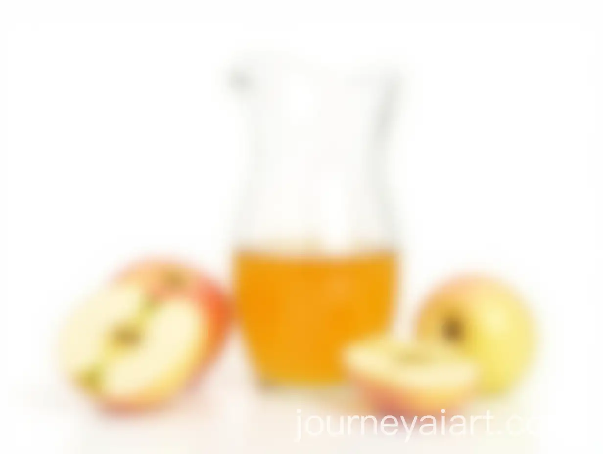 Clear-Amber-Apple-Juice-in-Glass-Jug-with-Whole-and-Halved-Apples-on-White-Background