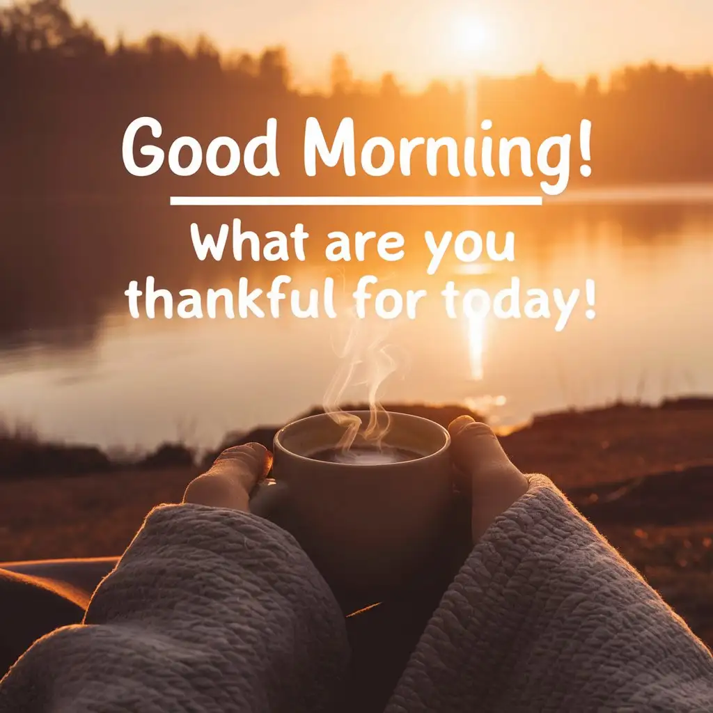 Background: Sunrise over a calm lake or a beautiful nature scene with warm, golden hues.
Foreground: Silhouette of a person holding a cup of coffee.
Text Overlay: "Good Morning! What are you thankful for today?"