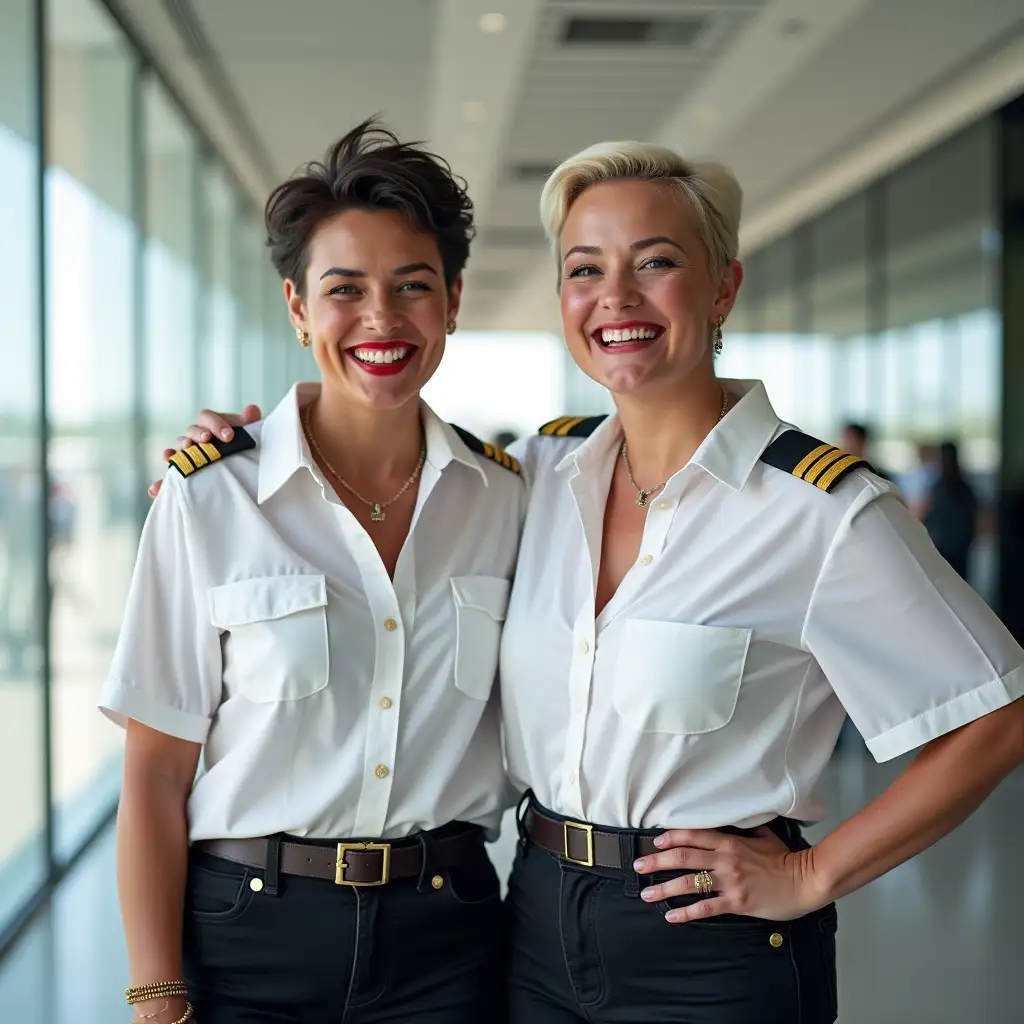 two white curvy lady 35 years old, in white pilot shirt, casually deep-necked pilot shirt, laughing with her mouth open, red lipstick accentuating her smile, belt on waist, big wide hips, chest are fully grown, jewelry, white shirt buttons visible on shirt, short hair, HD, airport, photo-realism