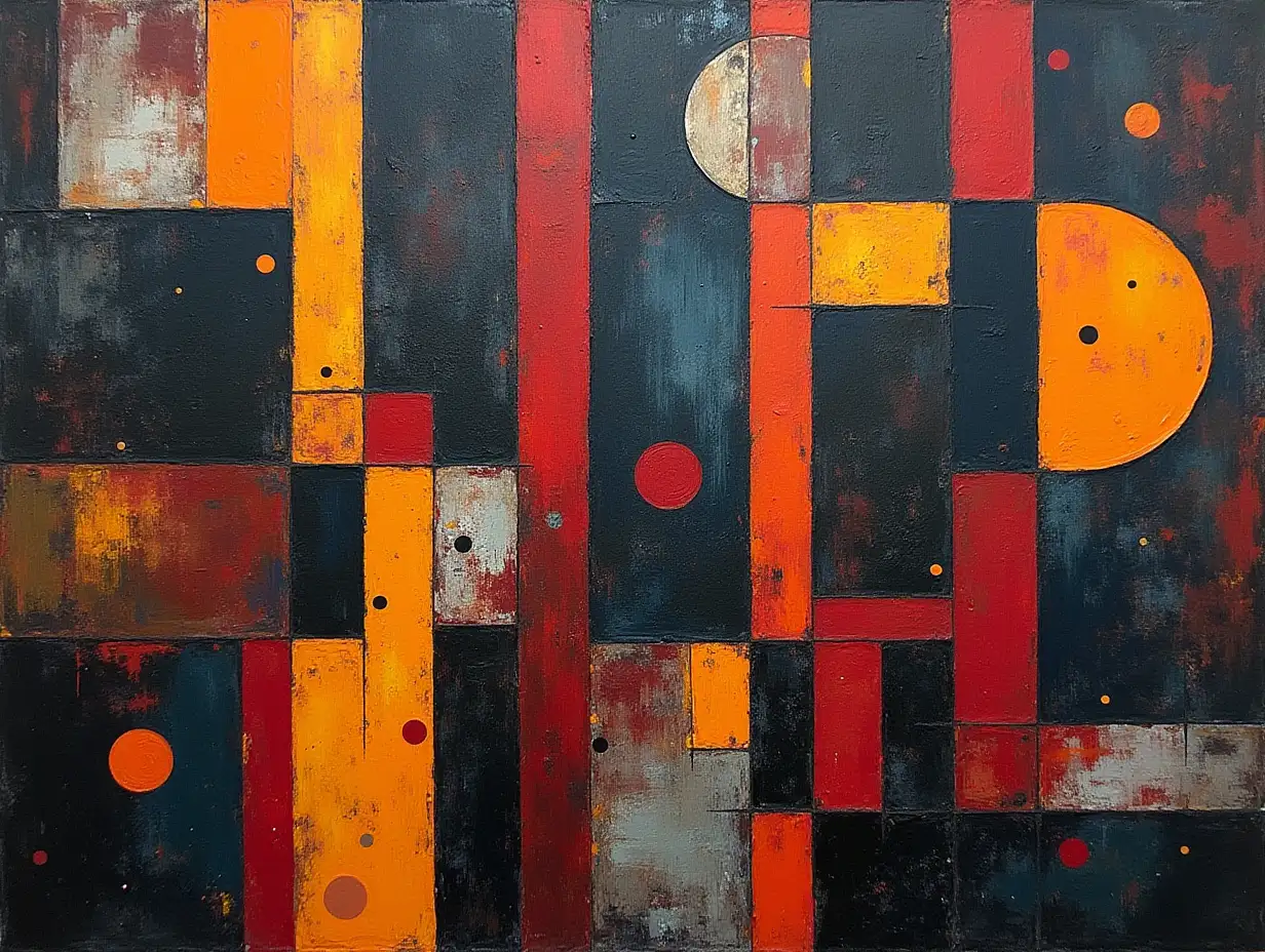 Checkered pattern, stripe, primitively schematic minimalism, underground face darkness in the style of Kandinsky, Malevich, minimalism, simplify for beginner artist with acrylic many colors, constructivism abstractionism, gloomily
