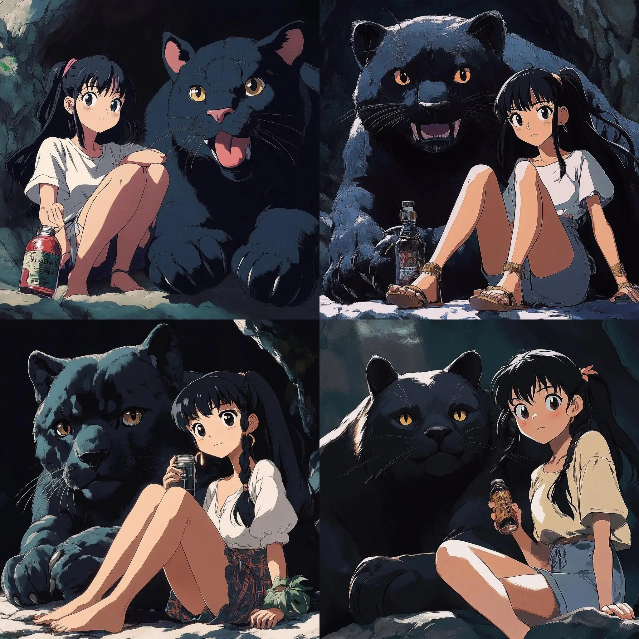 Female-Anime-Character-with-Black-Pigtails-Relaxing-with-a-Giant-Black-Panther-in-a-Cave-1990s-Ghibli-Style
