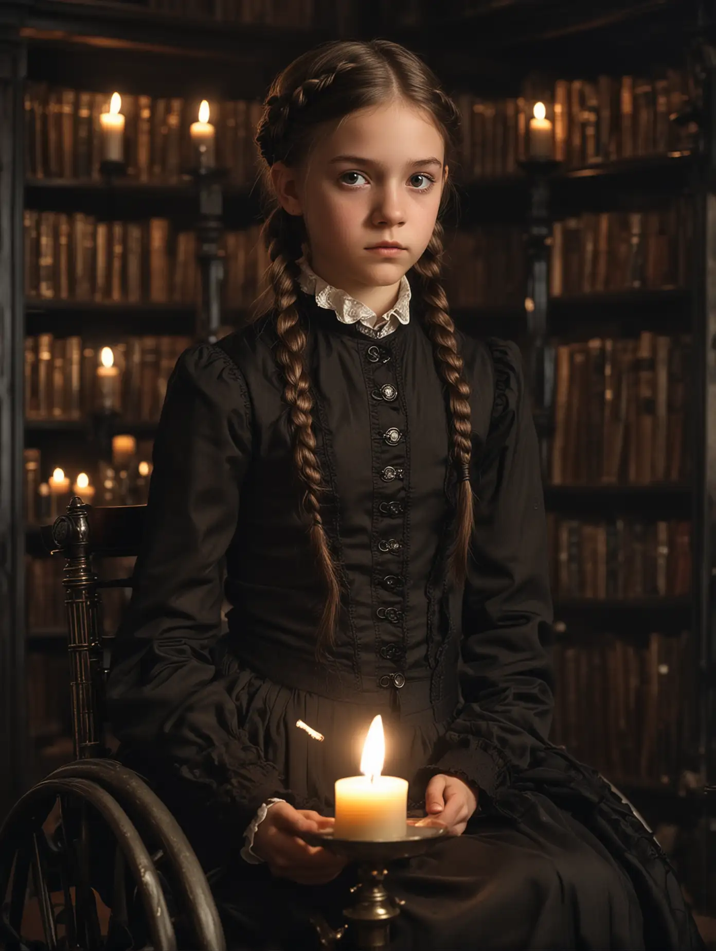 gaming concept portrait of pretty twelve-year old girl in a black Victorian dress, hair in two braids, an intense gaze, haunted looking, dark candle-lit night scene, cinematic suspensful lighting coming up from below, seated in a highly sophisticated high-backed steampunk wheelchair, within an elegant library study --stylize 250 --v 6.1 --q 2 --ar 2:3