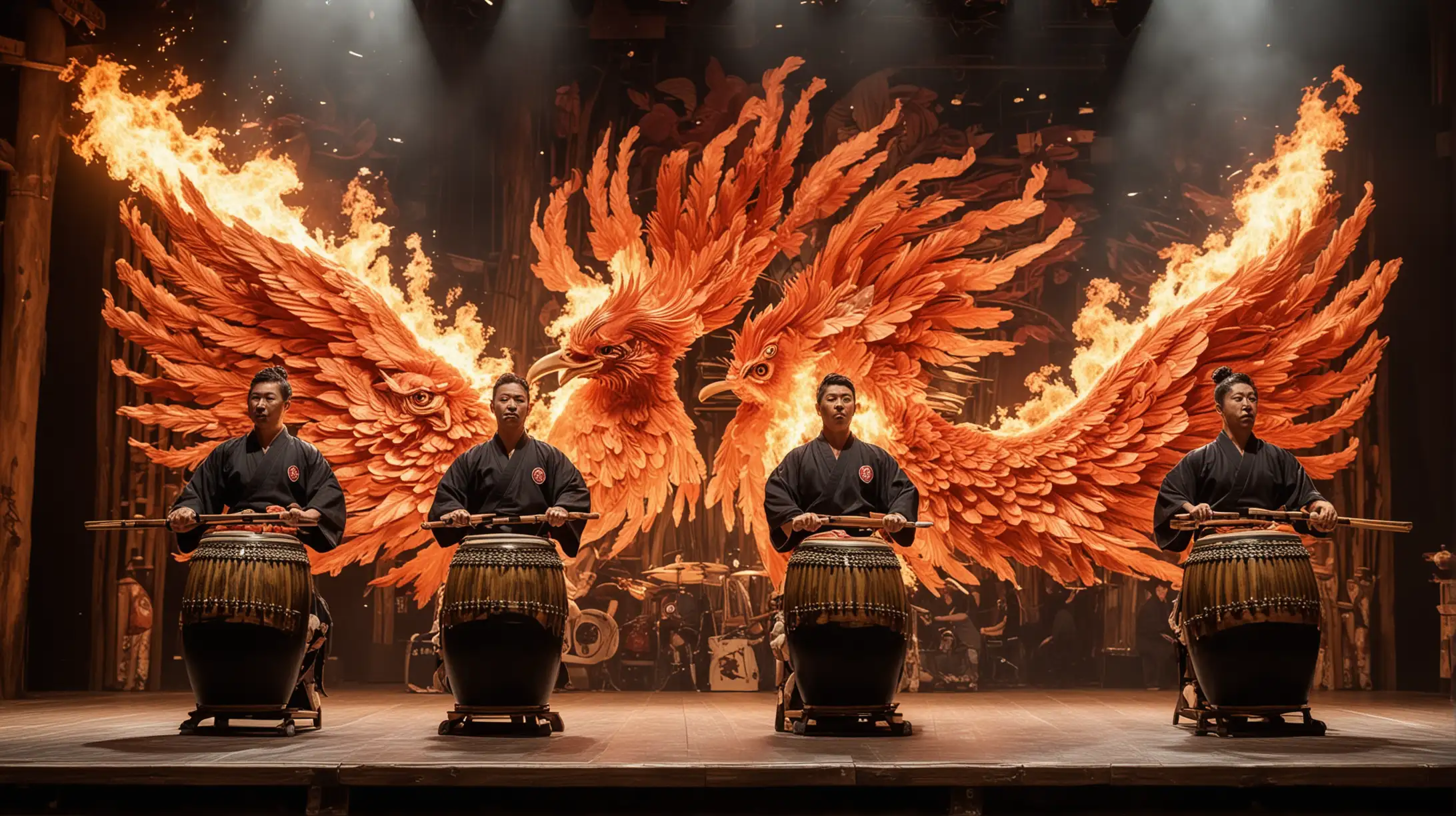 Dynamic Male Taiko Drum Players Performing on Stage with Fire Phoenix Decorations