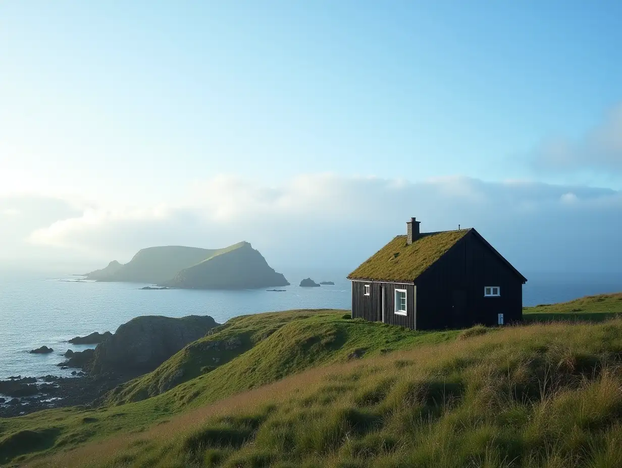 Scenic-Faroe-Islands-Landscape-with-Black-House-and-Ocean-View