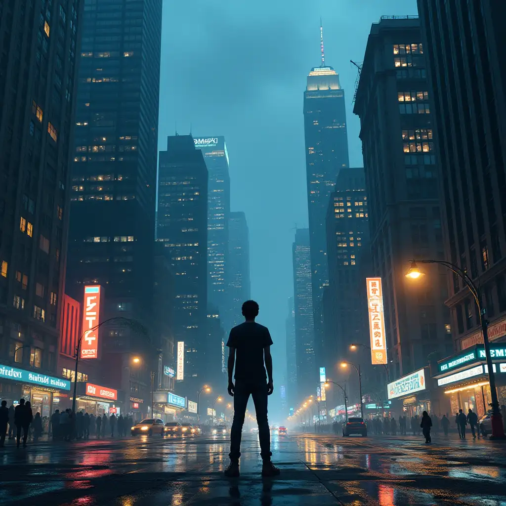 A cityscape at dusk or dawn, with towering skyscrapers and bustling streets. With a lone figure, possibly a young adult, standing at the edge of the city, looking out at the concrete jungle. The figure should be surrounded by city lights, with neon signs and billboards reflecting off wet pavement. The atmosphere should convey a sense of grittiness, desperation, and resilience.