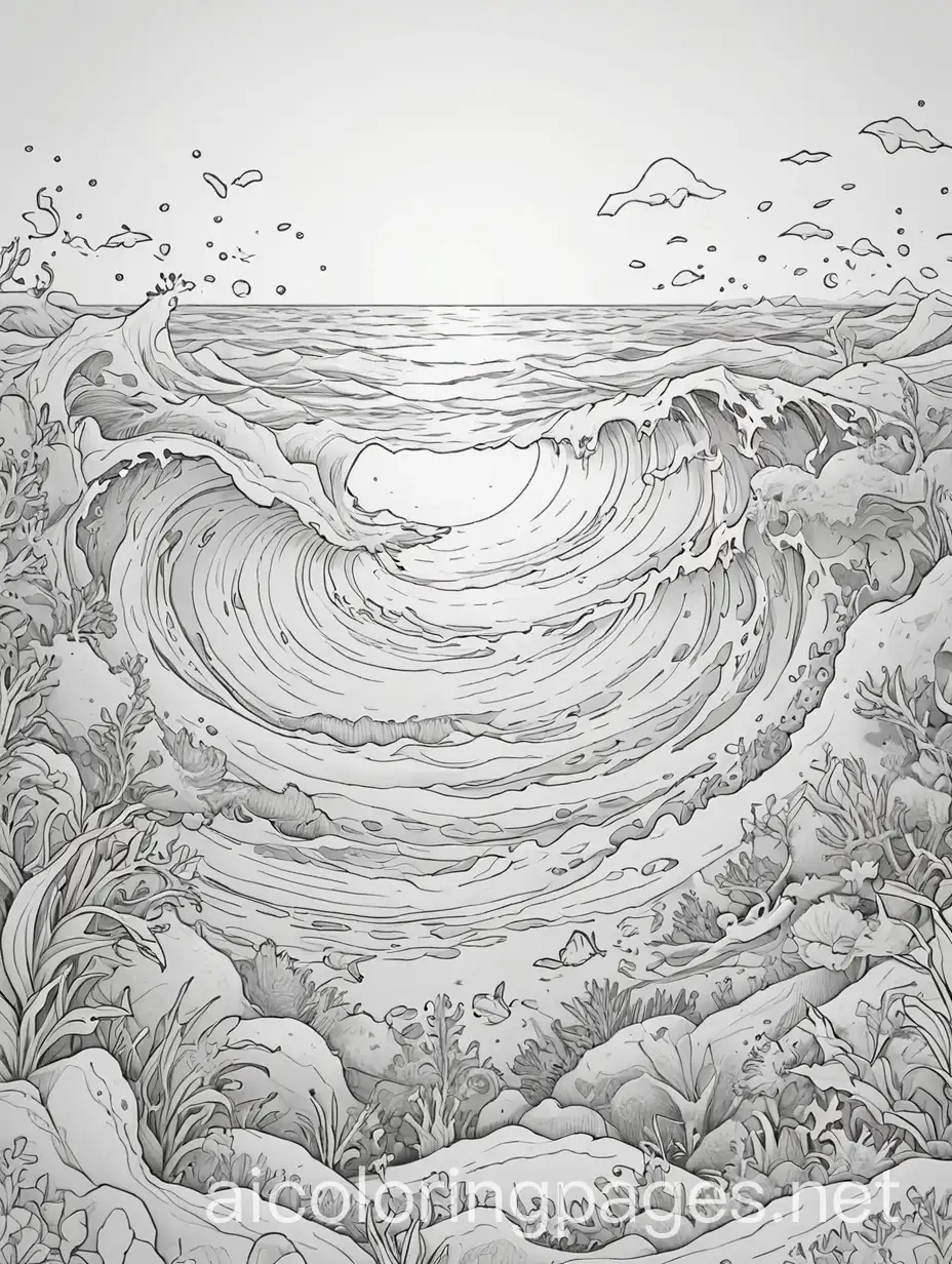 ocean, Coloring Page, black and white, line art, white background, Simplicity, Ample White Space. The background of the coloring page is plain white to make it easy for young children to color within the lines. The outlines of all the subjects are easy to distinguish, making it simple for kids to color without too much difficulty