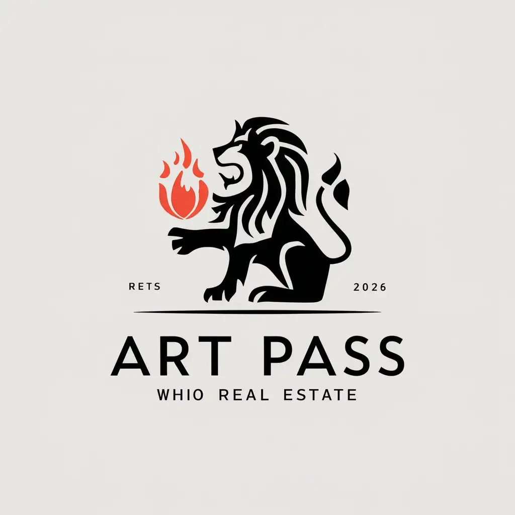 a vector logo design,with the text "art pass", main symbol:main symbol of the logo lion, who plays with fire,Moderate,be used in Real Estate industry,clear background