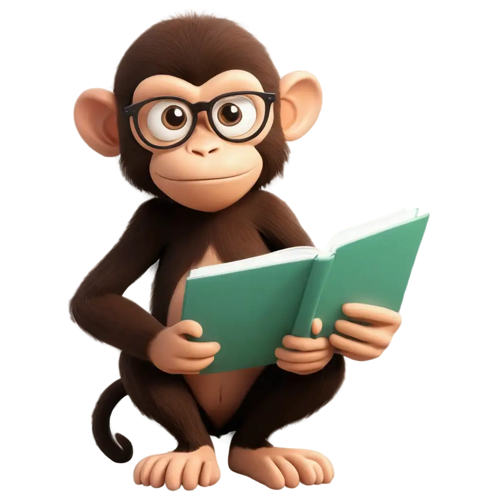 Create a simple cartoon or clip art style image, which can be used as a logo and which must have a transparent  background, of a uizzical, bespectacled monkey, reading a science textbook.