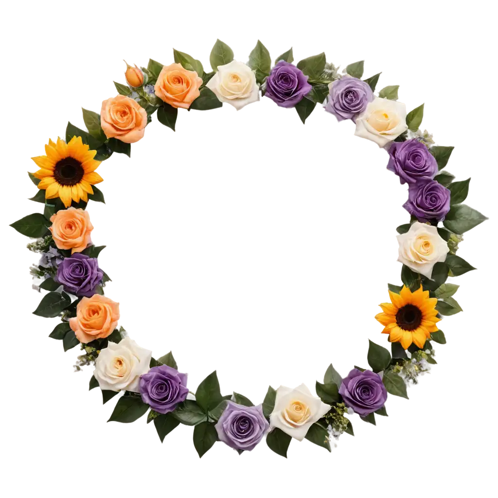 Sunflower-White-Rose-Purple-Rose-Orange-Rose-and-Green-Leaves-Circle-Arch-PNG-for-Floral-Designs-and-Decorations