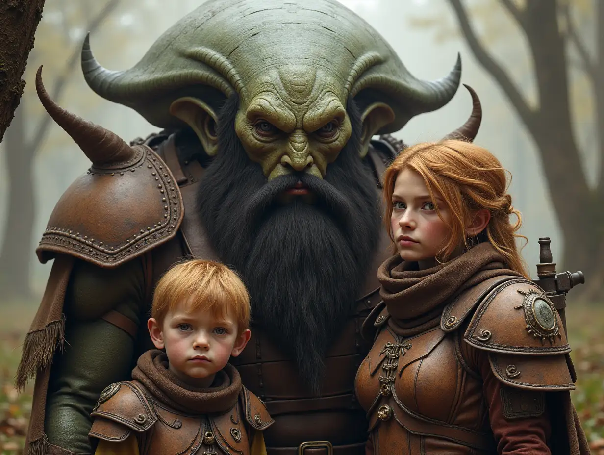 Ki-Fantasy family,Man,Woman, and Children, giant alien face with beard and with wooden armor equipment