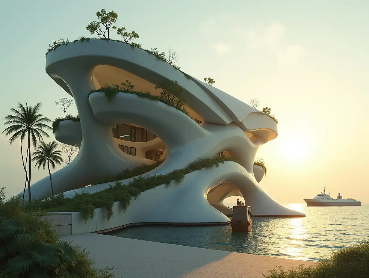 Two-story, biomorphic with plants grown and a hypermodern vehicle stands in front of it, the sun shines behind it is the sea and a large ship floating in the water  