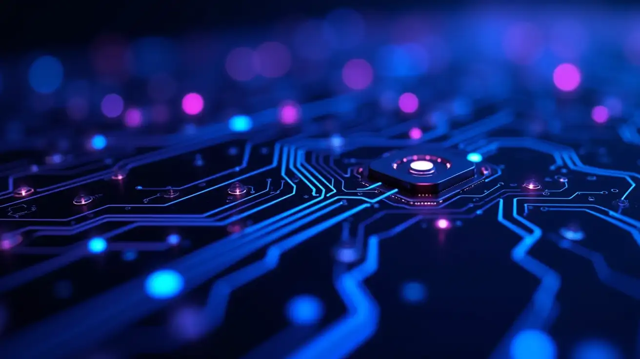 A close-up of a futuristic circuit board with glowing blue and purple lines, intricate patterns representing digital connections. Dark background, neon lights creating a high-tech, abstract electronic look