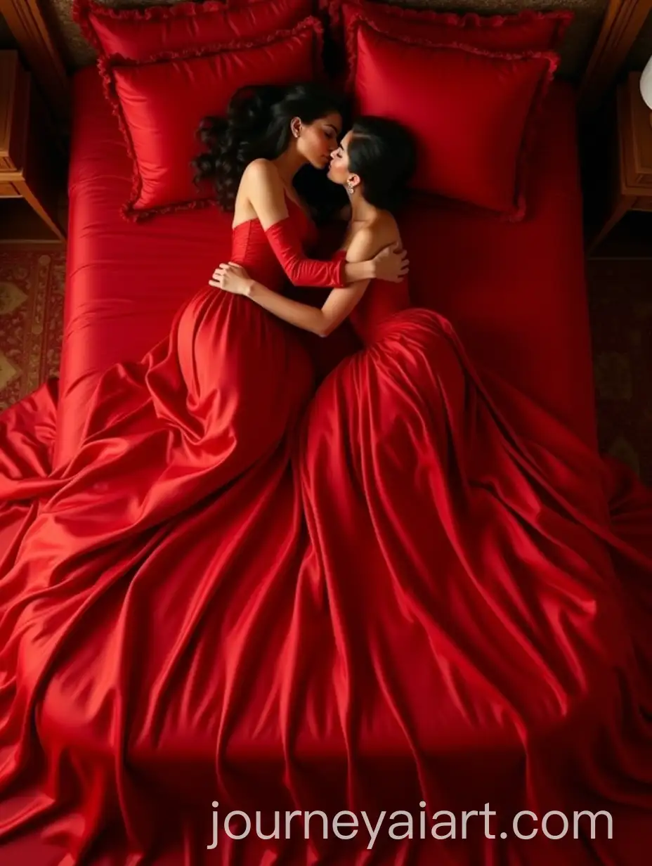 Romantic-Scene-with-Two-Women-in-Red-Satin-Dresses-on-Luxurious-Bed
