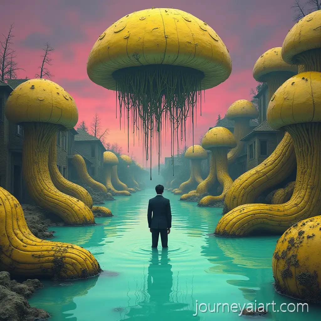 Lone-Figure-onFungal-horror-landscape-Fungal-Masses-in-Toxic-Water-with-Decaying-Mushroom-Landscape
