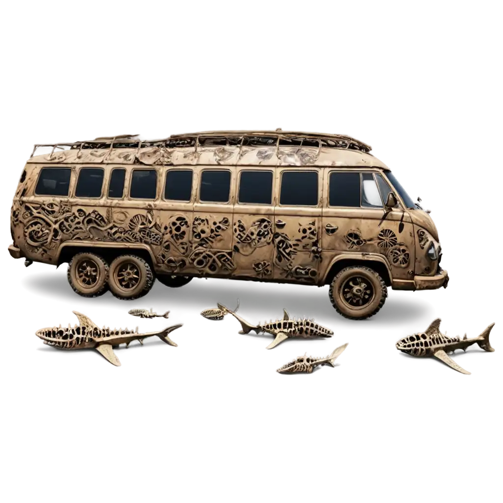 Apocalyptic-Kombi-Made-of-Hammerhead-Shark-Bones-PNG-Image-Camouflaged-on-Beach-with-Mountains-and-Zombiefilled-Ships