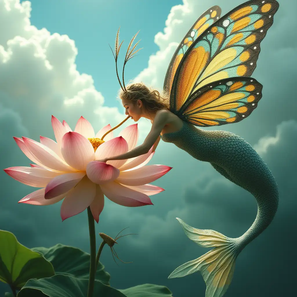 A photograph of a mermaid fairy woman flying by a giant flower lotus and drinking nectar from this flower with her long tongue. She has long antennae resembling a pair of bird feathers. The fairy has gigantic, large, shiny, iridescent, sparkling, multicolored, peacock patterned butterfly wings and a scaly long fish tail Painted like her wings. The background contains a cloudy sky