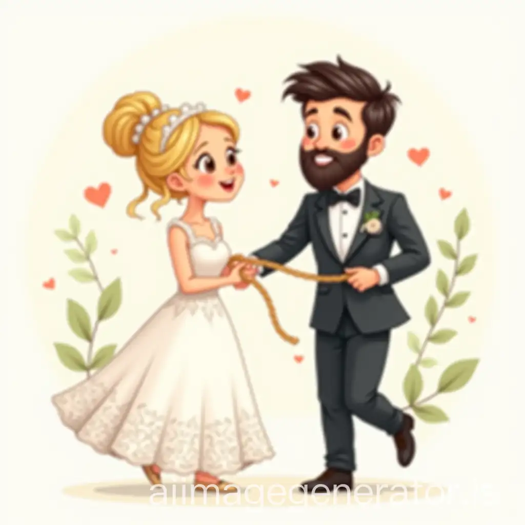 Cute cartoon-style wedding couple illustration. Bride with blonde hair styled in an elegant updo, wearing a white lace wedding dress with a voluminous skirt and delicate embroidery details. Groom with dark hair and a beard, wearing a classic black tuxedo with a white shirt and black bow tie. Bride playfully holding a rope tied around the groom, who is smiling and running. Romantic atmosphere, surrounded by soft pastel green leaves and floating red hearts. Light, watercolor-inspired background. High-quality, detailed, clean lines, soft lighting, vibrant colors.