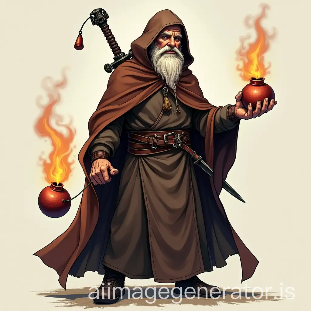 le chefboutefeu is an antagonist chef, part of the heretics. he has a curved back, presents himself as an old mage. he wears a dark brown mage's robe with a cape and scholar's hood. he holds in each hand either explosive grenades or molotov cocktails. his mage's staff appears as a sword but hung on his back.