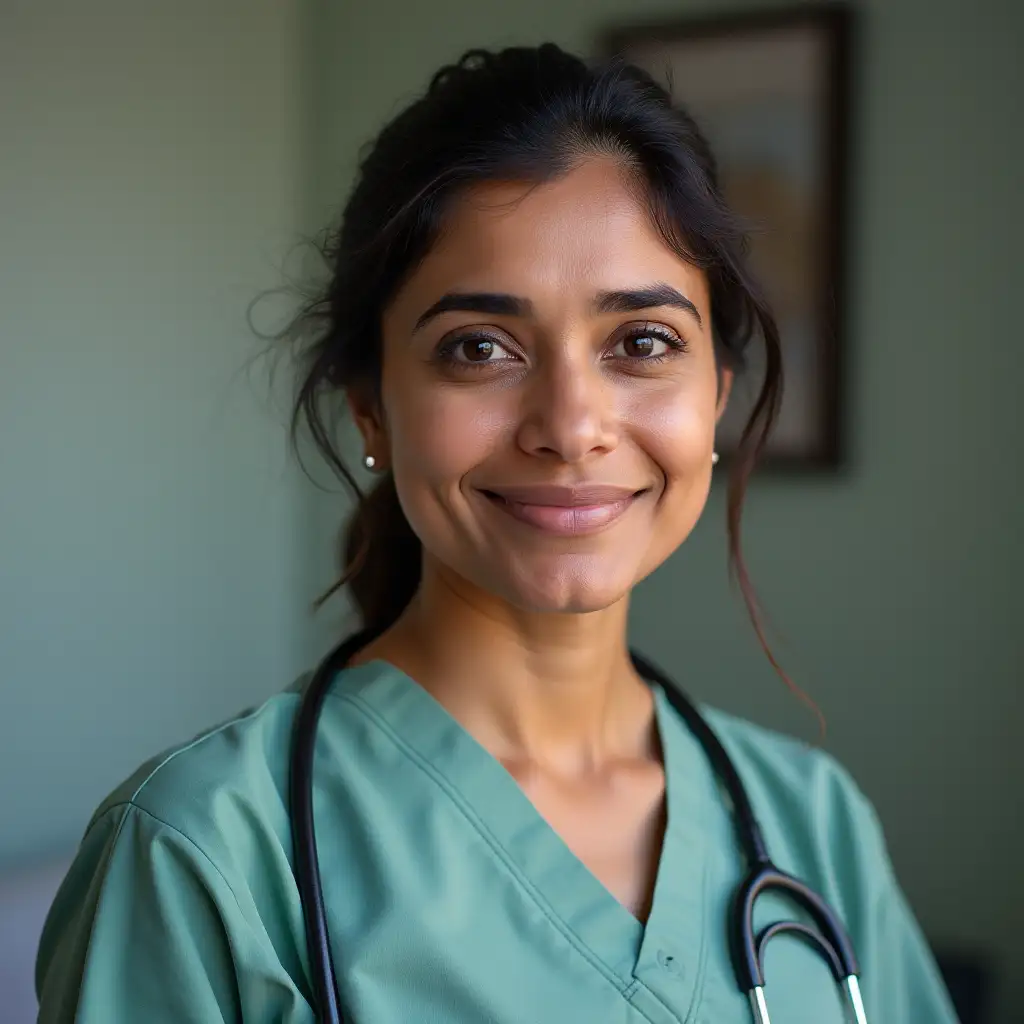 AN INDIAN CARE TAKER LADY, WITHOUT STETHOSCOPE