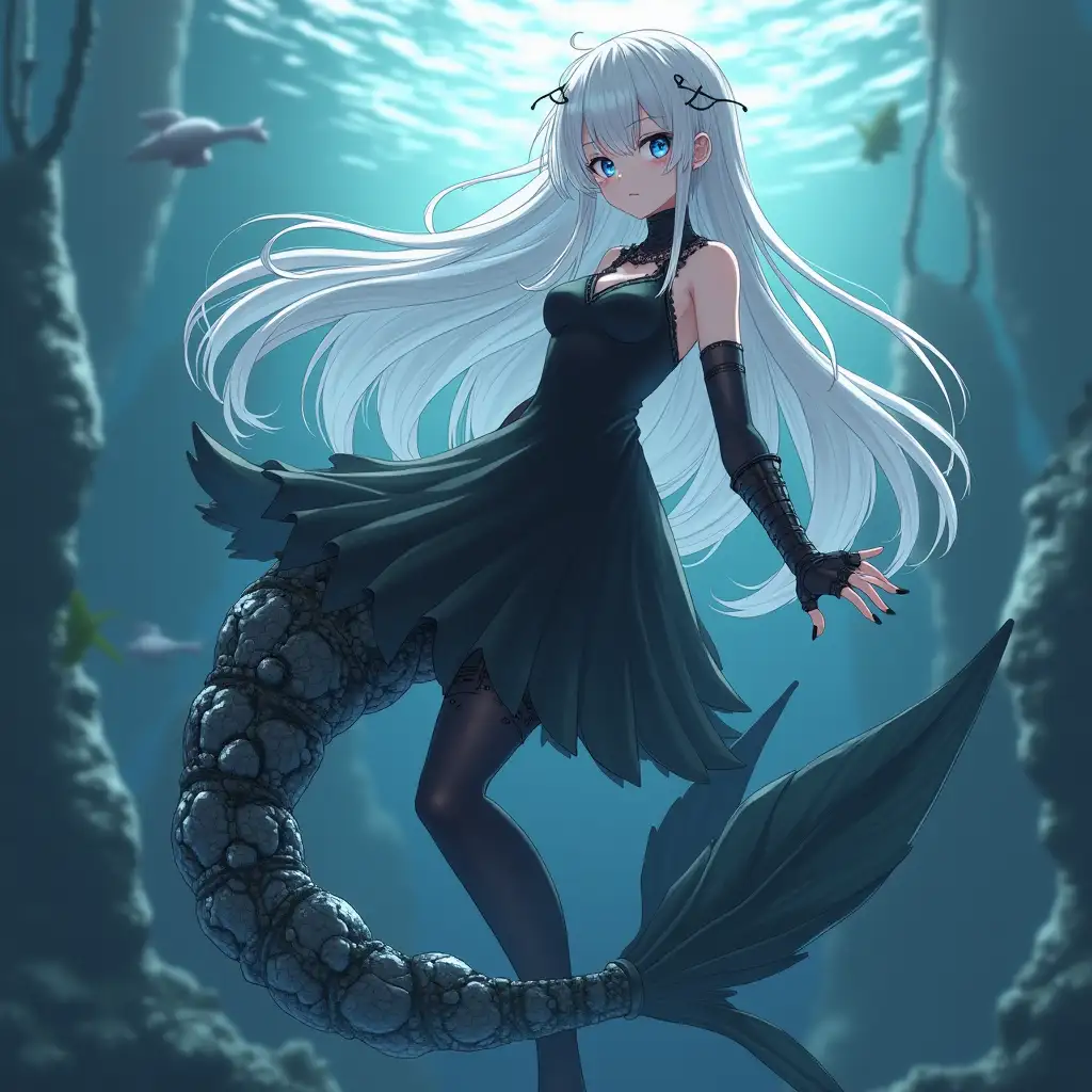 Mermaid, with metal robotic tail, long tail,  2B, blue eyes, white hair, black dress, gothic, realistic