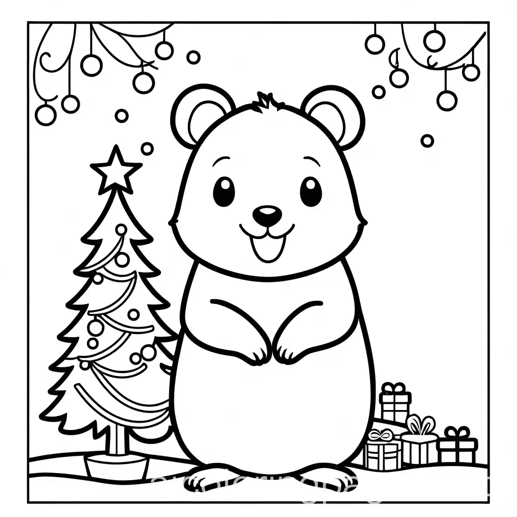 Cheerful-Quokka-Smiling-by-Christmas-Tree-Coloring-Page-for-Toddlers