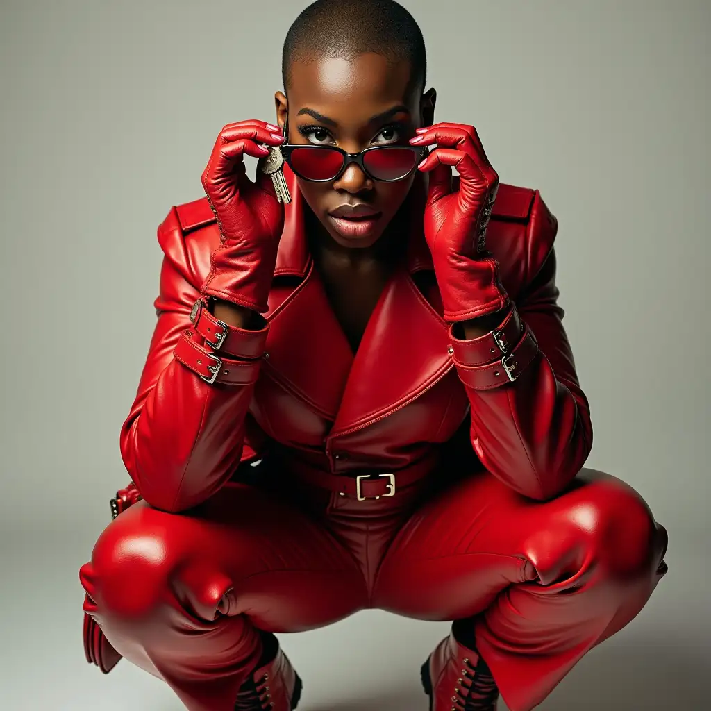 Female-African-Rapper-in-Red-Leather-Outfit-with-Studded-Gloves-and-Combat-Boots