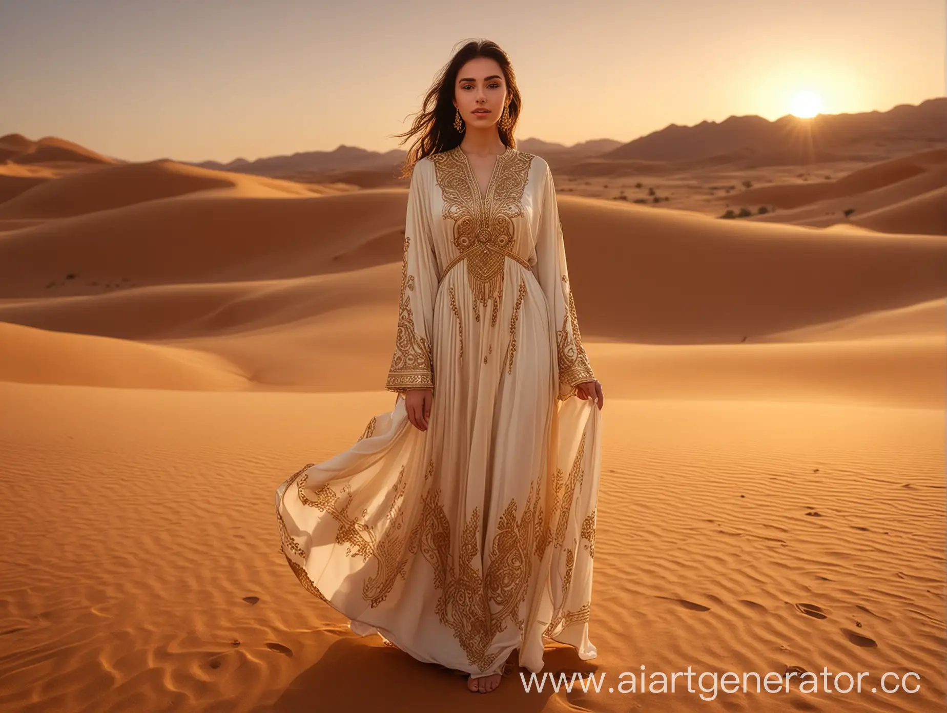 Young-Woman-in-Modern-Arabic-Abaya-in-Golden-Desert-at-Sunset