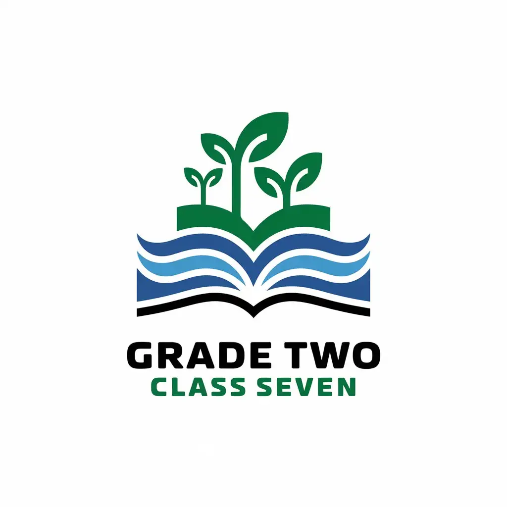 LOGO-Design-For-Grade-Two-Class-Seven-Educational-Vector-Logo-with-Seedlings-Books-Waves-and-Hand-Symbols