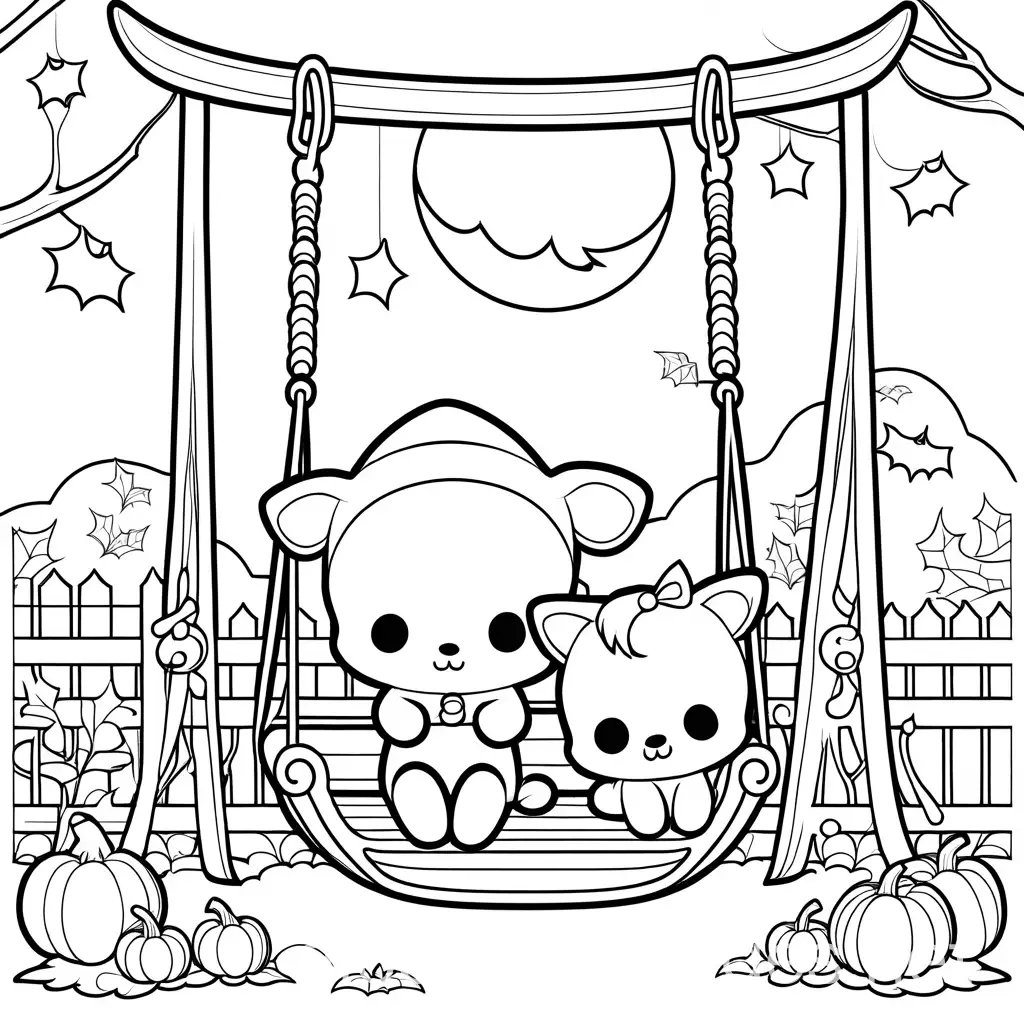 Cozy-Halloween-Chibi-Animals-Swing-with-Decorations-Coloring-Page