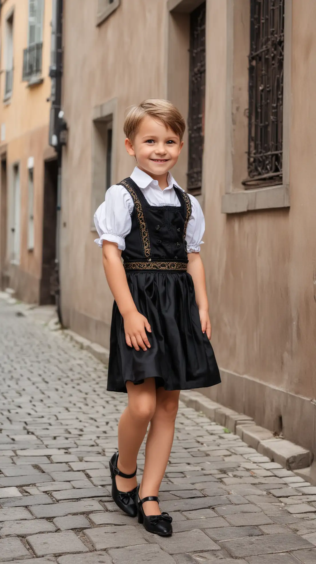 Little-Boy-in-Black-Dirndl-and-High-Heels-Smiling-in-the-City