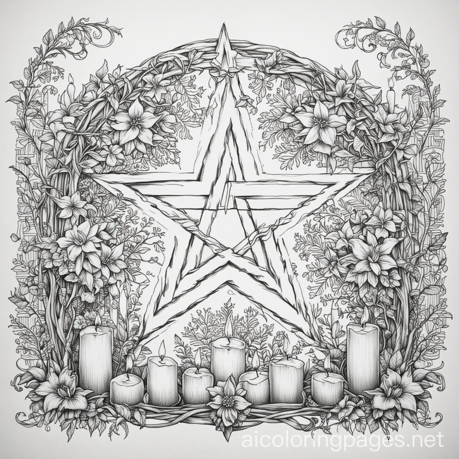 Pentagram-surrounded-by-vines-flowers-and-candles-Coloring-Page