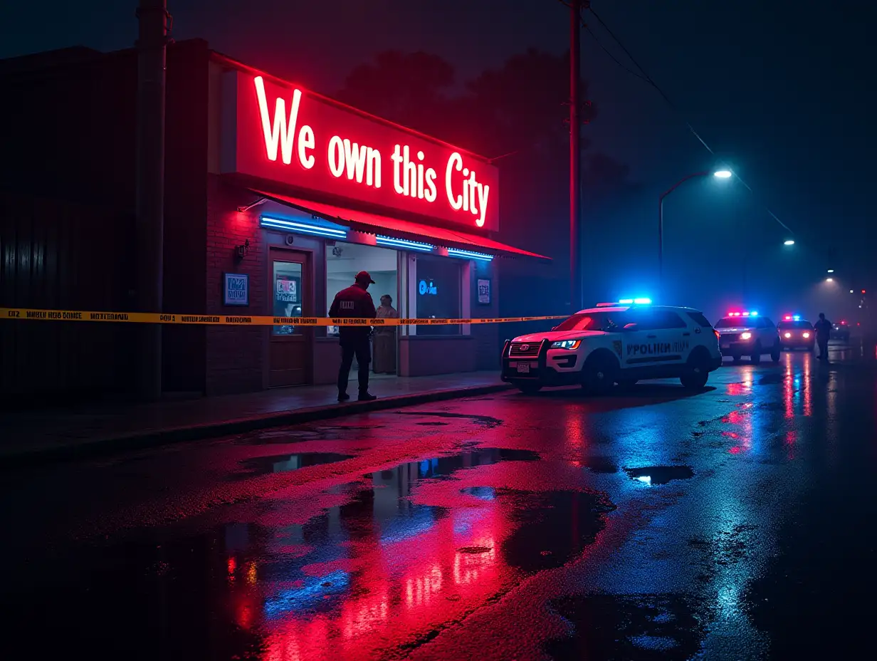 A realistic neon sign hangs in front of a club in sharp 4K quality, with bold red and blue lettering that clearly reads 'We own this City'. It’s nighttime, dark, and rain is gently falling. Droplets splash on the wet streets, and a large puddle reflects the glowing sign. The club is now a crime scene, marked off with yellow police tape stretched across the entrance. Several unmarked police vehicles are parked in front, their headlights illuminating the rain-soaked ground, while red and blue lights flash faintly from within. Officers move about, inspecting the area. The neon colors shine vividly, contrasting with the somber, tense atmosphere of the scene, with reflections of the sign and vehicles scattered across the wet asphalt.