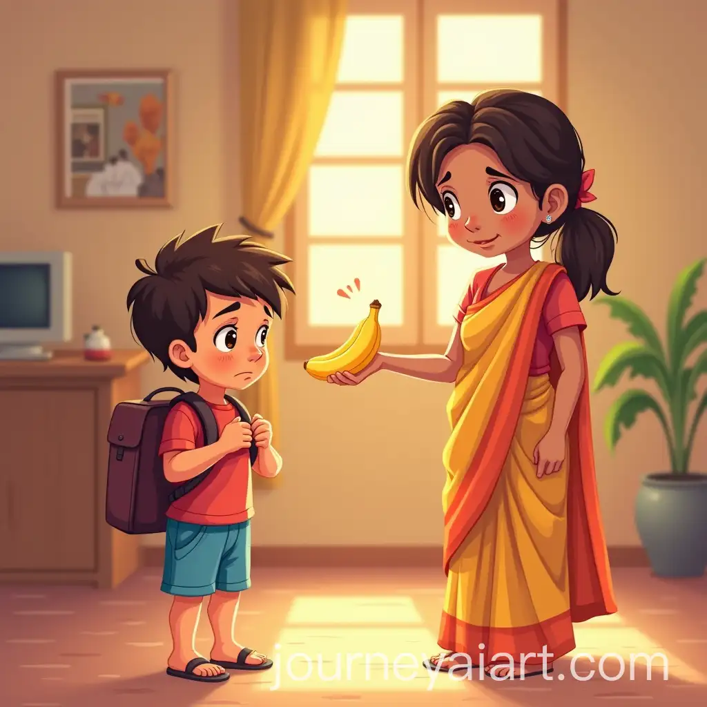 Indian-Boy-Feeling-Tired-withAI-Image-Prompt-Expansion-Mother-Offering-Comforting-Banana-in-Cozy-Home