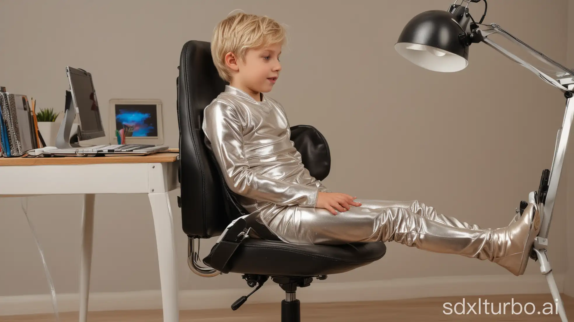 eight year old blond european boy, sitting at a desk on a ergonomic kids study computer chair, wearing a bodysuit made out of shiny latex with attached footies, doing his homework, joyful mood, complete view from the side