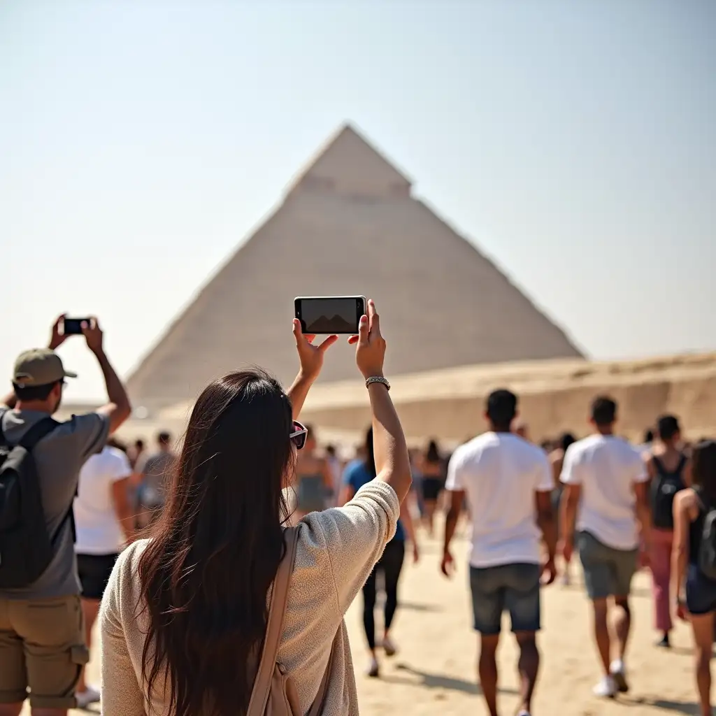 Tourists Taking Selfies at the Pyramids of Giza