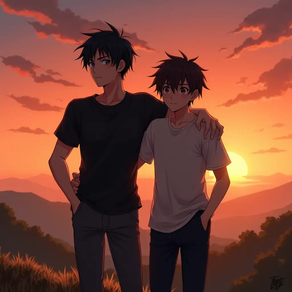 Two anime style male characters stand on a hill, enjoying the beautiful view of nature with a sunset sky colored in orange-red. Both are almost the same height, with athletic bodies. One man has unkempt black hair, wearing casual dark clothes, with a calm expression and a mysterious aura. The other casual-styled man has a friendly expression, placing his hand on his friend's shoulder, indicating a close bond between them. A gentle wind blows their hair, while the sunset light gives a soft touch and peaceful atmosphere.