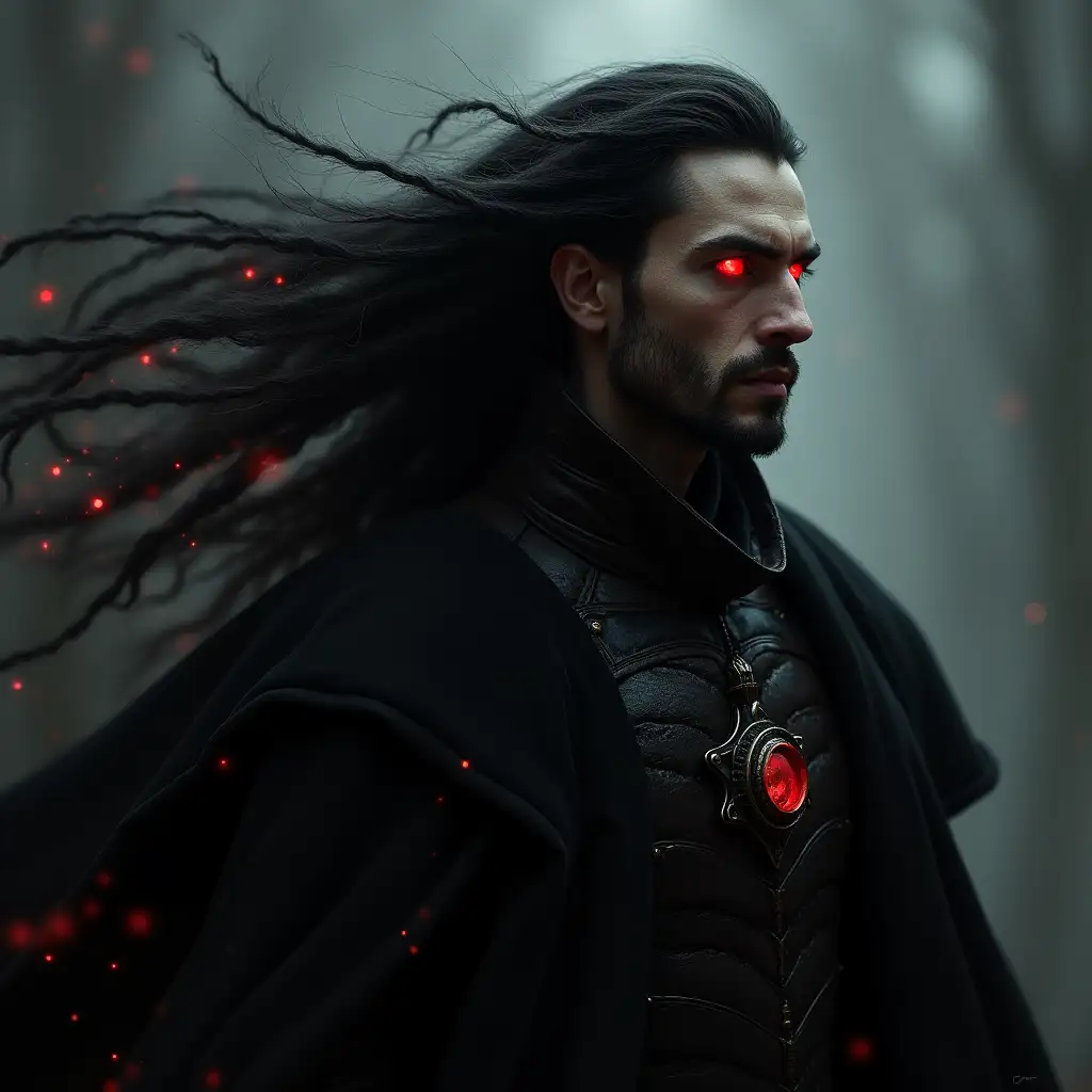 a futuristic gothic depiction of Henri Obscur, Duke of Anjou. It combines a historical portrait with a dark aesthetic, and his red glowing eyes give it a supernatural aura. Dark particals, wind, impressionism, boke, long hair, blur