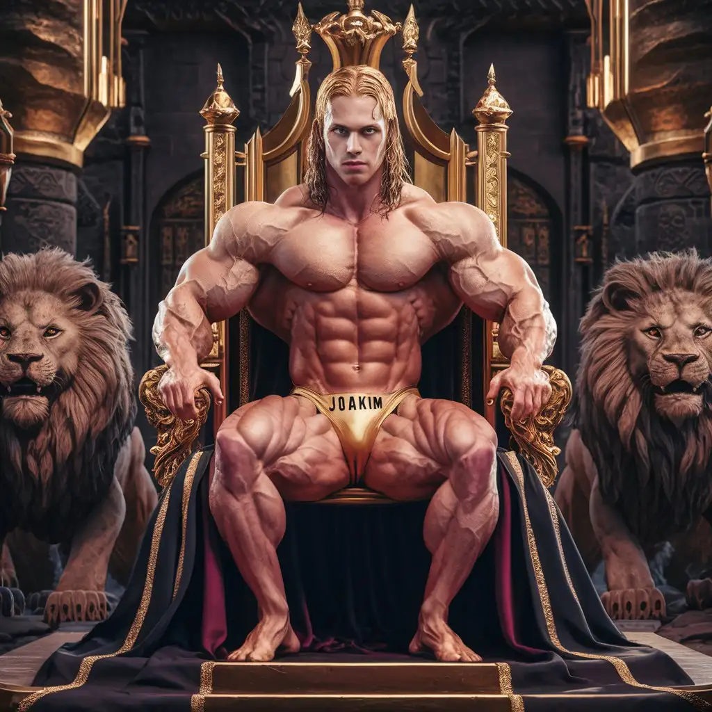 Muscular Prince Joakim Sitting on Golden Throne with Majestic Lions