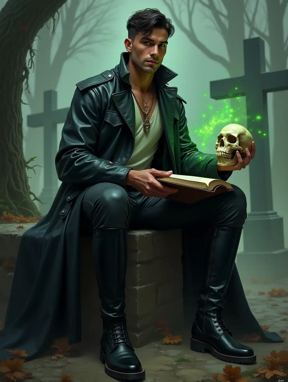 Digital painting, realism, acrylic. perfect art by Larry Elmore, an image of a young modern man, sitting on a stone, a handsome necromancer, he has short dark hair, wears a dark leather raincoat open and leather high boots, a magic amulet around his neck, holds a skull in one hand, in the other he has a book from which a green magical glow emanates, a man on the background the old cemetery with crosses