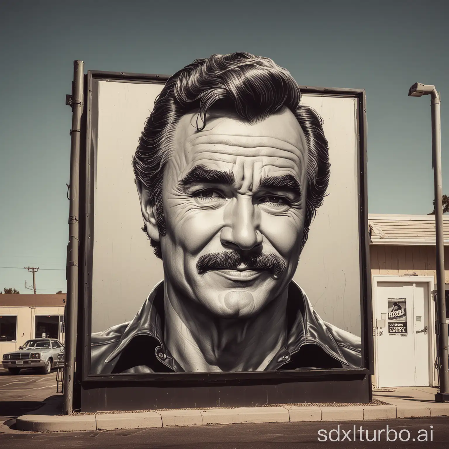 Duotone illustration of Burt Reynolds, simplified caricature, on a large backlit gas station convenience store sign