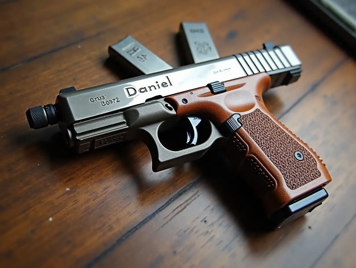Create for me a Glock pistol chrome and wood with name Daniel