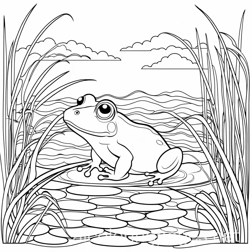 A frog swims towards tadpoles.., Coloring Page, black and white, line art, white background, Simplicity, Ample White Space. The background of the coloring page is plain white to make it easy for young children to color within the lines. The outlines of all the subjects are easy to distinguish, making it simple for kids to color without too much difficulty, Coloring Page, black and white, line art, white background, Simplicity, Ample White Space. The background of the coloring page is plain white to make it easy for young children to color within the lines. The outlines of all the subjects are easy to distinguish, making it simple for kids to color without too much difficulty