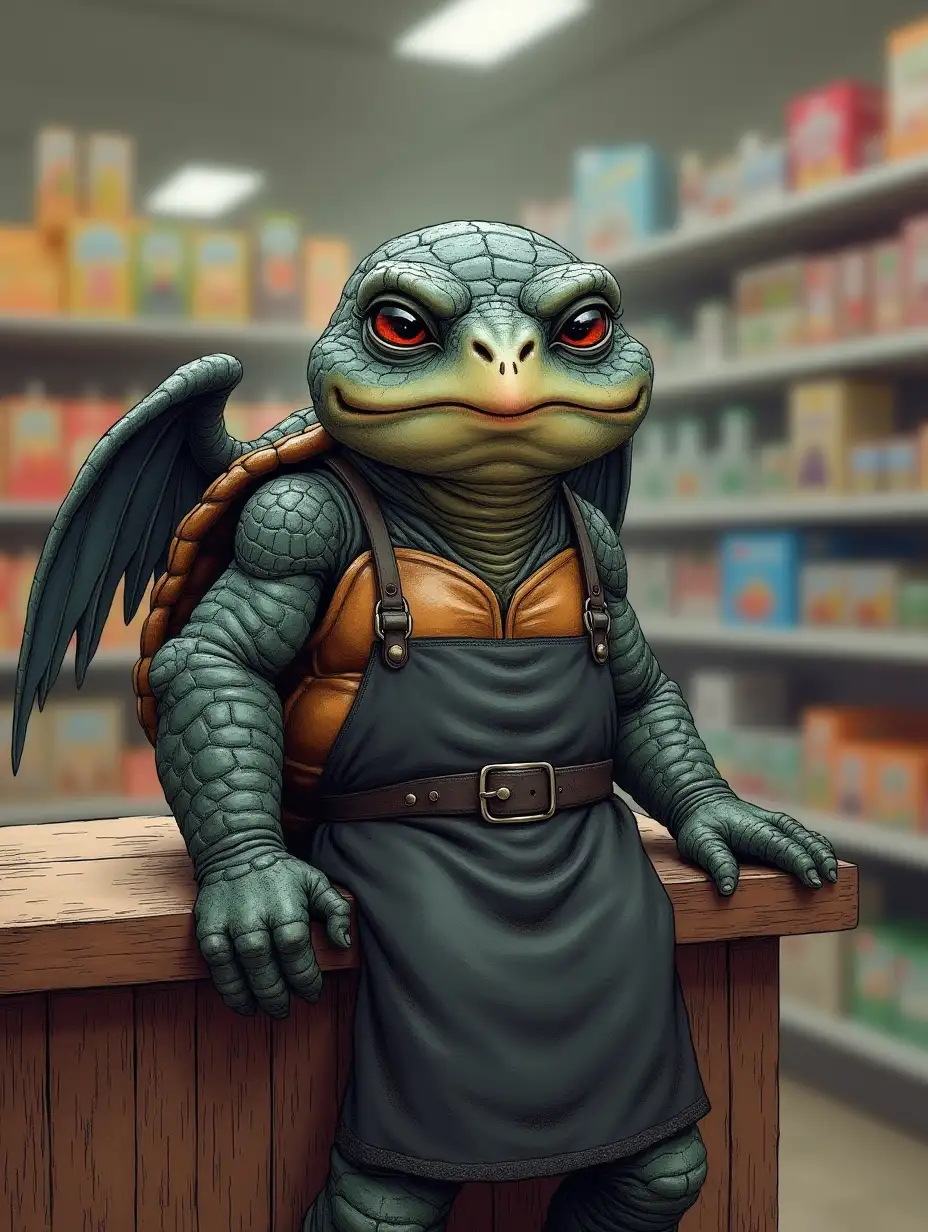 A disinterested, bored, goth-punk anthropomorphized turtle with a black-and-white shell, winged guyeliner, a 1920s-style shopkeeper's apron, a sour facial expression, and lazy posture. He leans on a wooden countertop at a fantasy Walmart. This image is hand drawn in a 5e fantasy style.