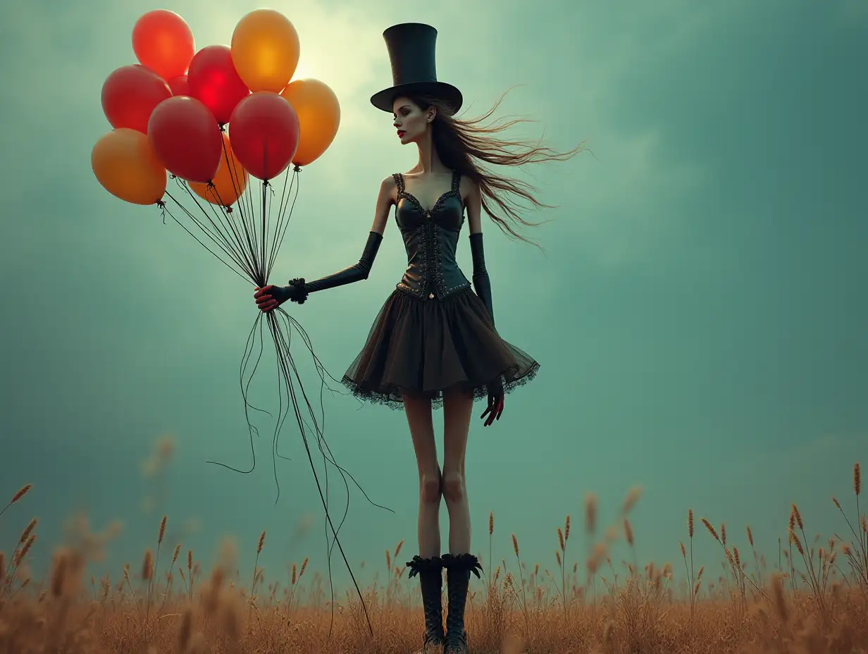  A very long gothic world -women figure with very thin legs and very long thin arms with top hat and boots and wears jewelry.and has several balloons in the hand 4K resolution Colorful