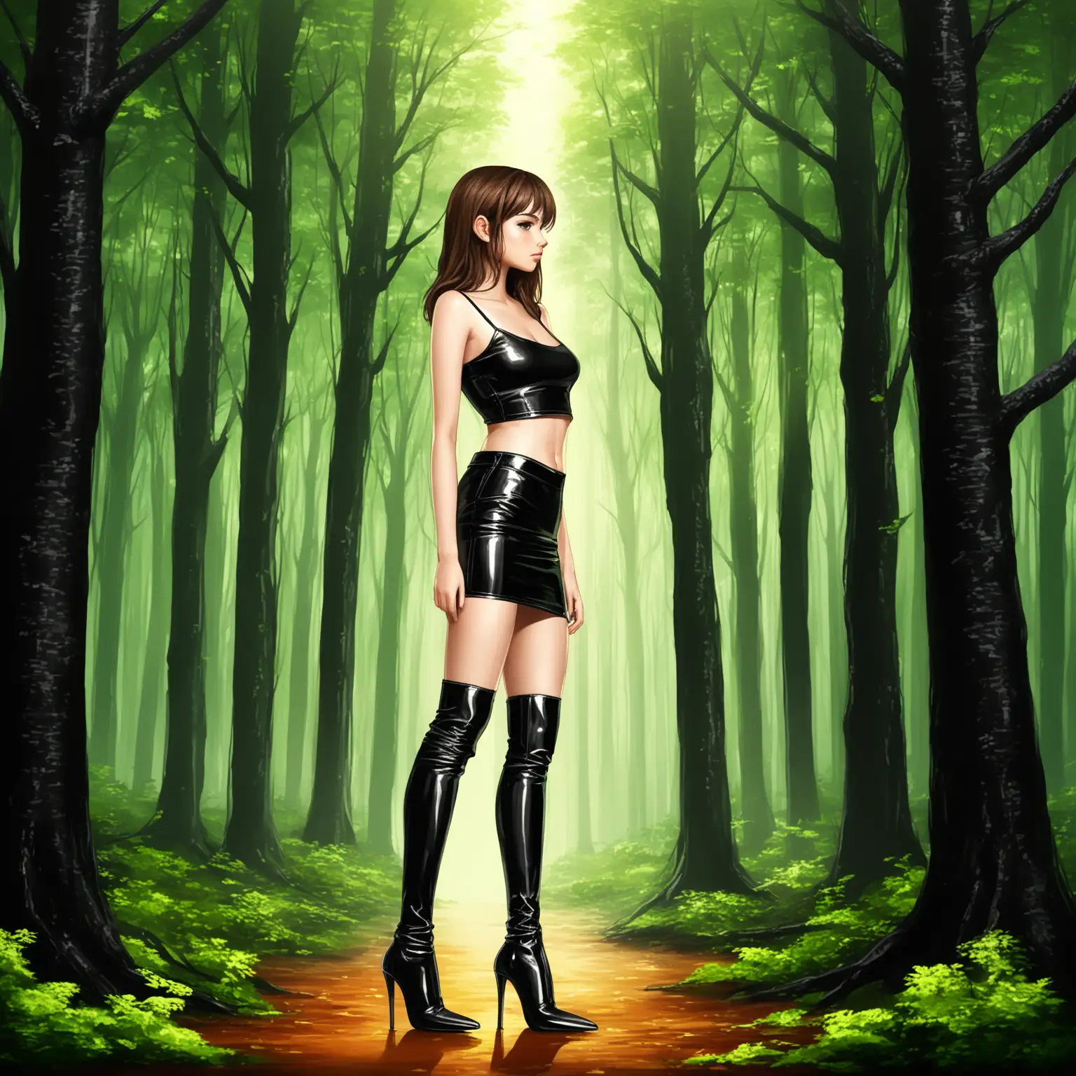 Young-Woman-in-Black-Leather-Outfit-Standing-in-a-Bright-Forest