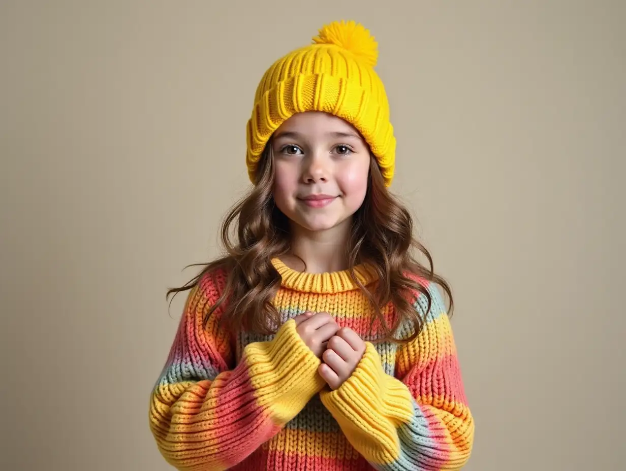 A young girl radiates confidence while wearing a cozy oversized sweater with vibrant colors. Her cheerful yellow beanie completes the fashionable ensemble, making a personal style statement