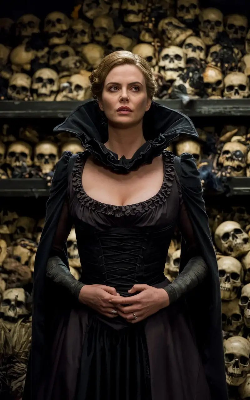 a cinematic style photograph, very beautiful witch Charlize Theron, dressed in a dress with a deep neckline, as Elvira - Mistress of Darkness. Full length view. Scattered around are numerous skulls. Atmosphere of dark fantasy is simultaneously scary and captivating