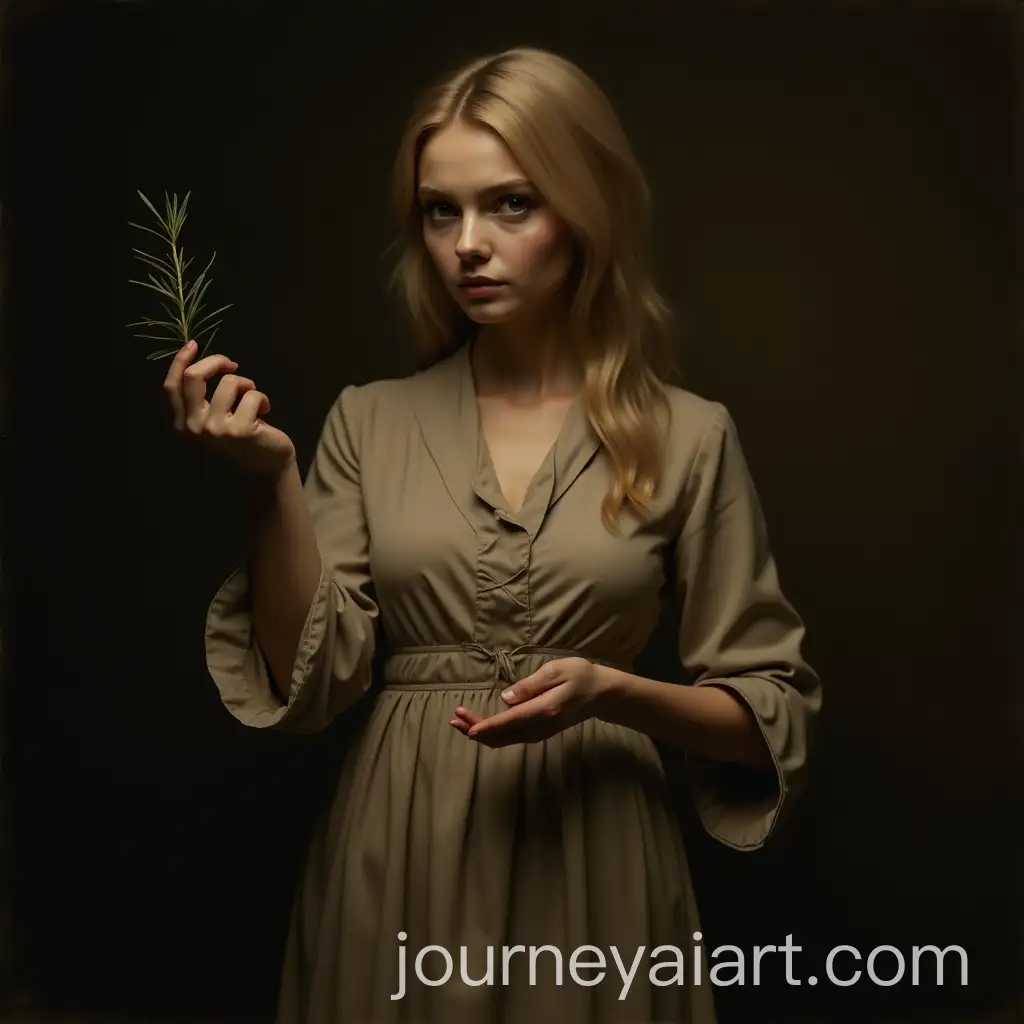 Blonde-Midwife-Herbalist-Holding-Rosemary-Branch-in-Dramatic-RembrandtStyle-Portrait