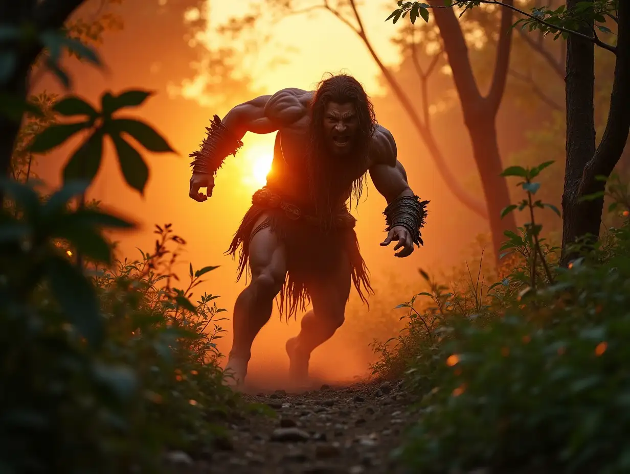 a wild barbarian burst through jungle foliage, a bright sunset in the background