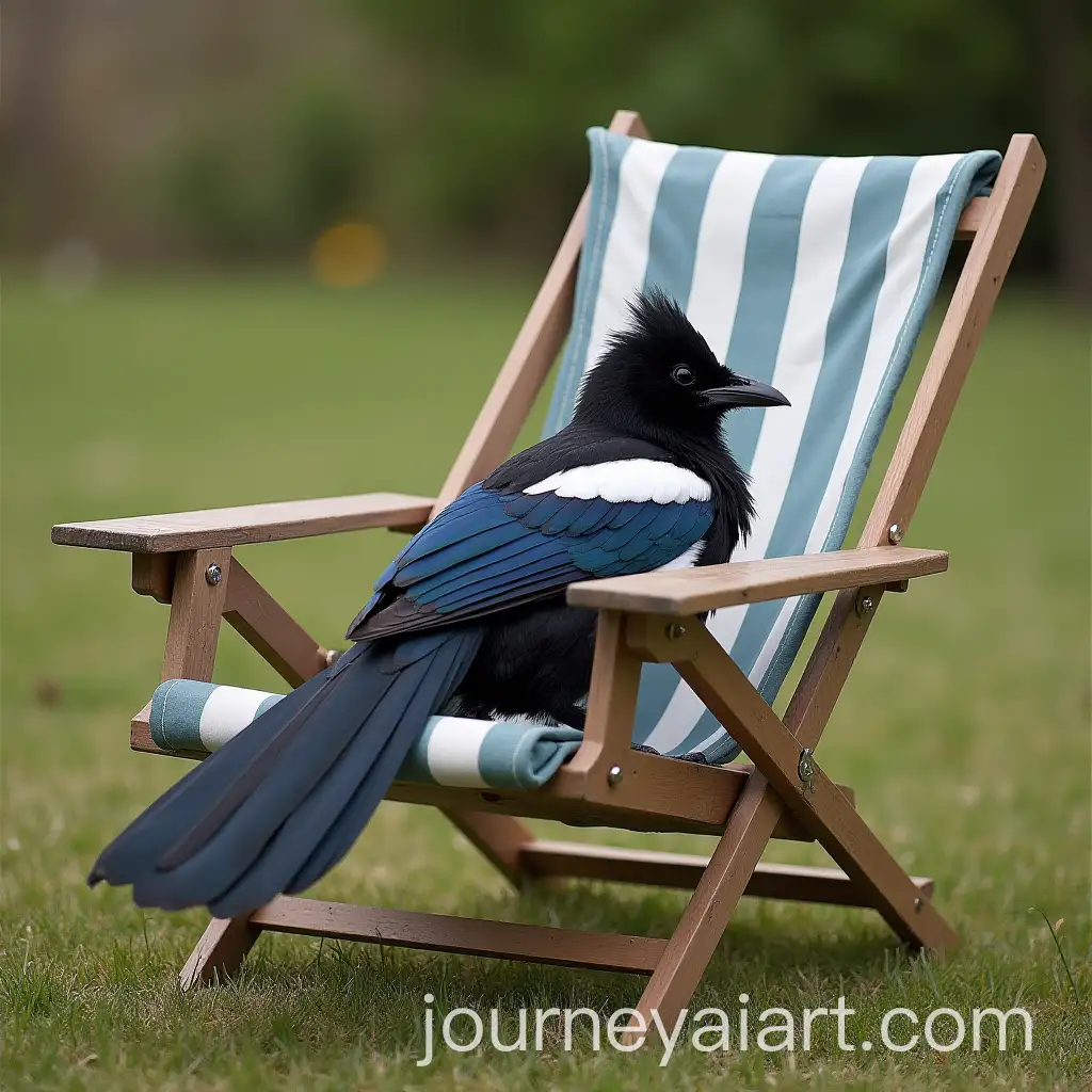 Magpie-Relaxing-on-a-Deck-Chair-in-a-Serene-Outdoor-Setting